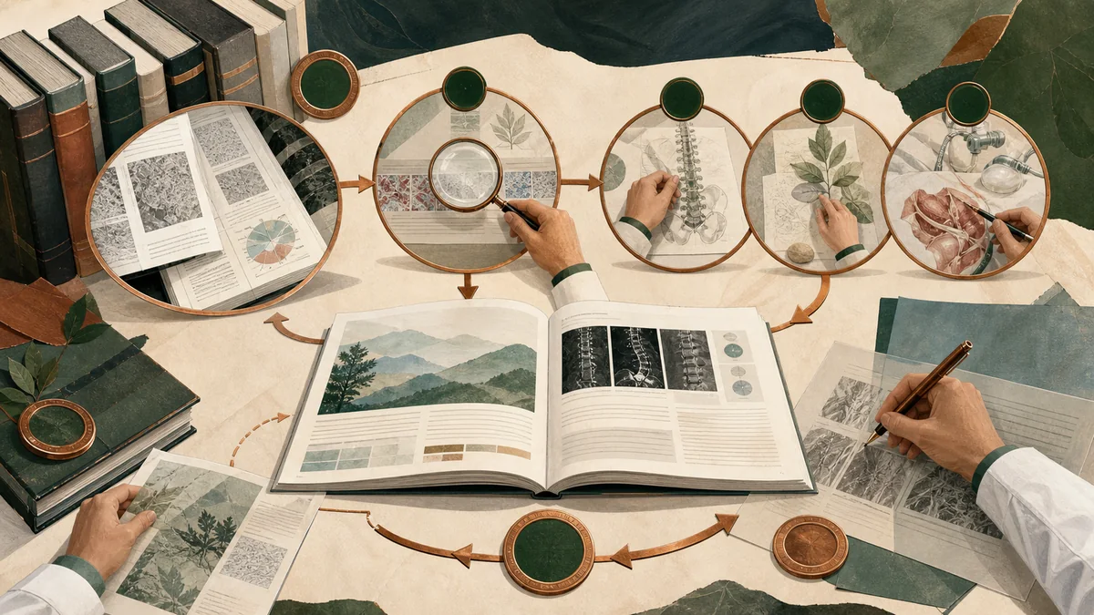 Illustrated medical editorial workflow from primary sources through fact-checking, subject review, corrections, and publication