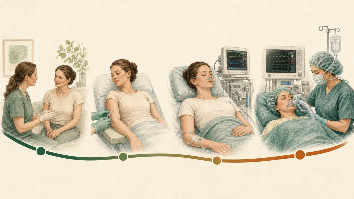 Illustrated anesthesia spectrum from awake local care through monitored sedation to general anesthesia