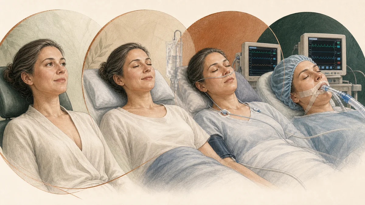 Editorial diagram comparing anesthesia depth from local and tumescent anesthesia through sedation and general anesthesia