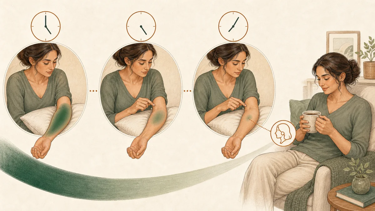 Editorial illustration of a fading numbness gradient over a treated body area, showing local anesthesia wearing off over hours