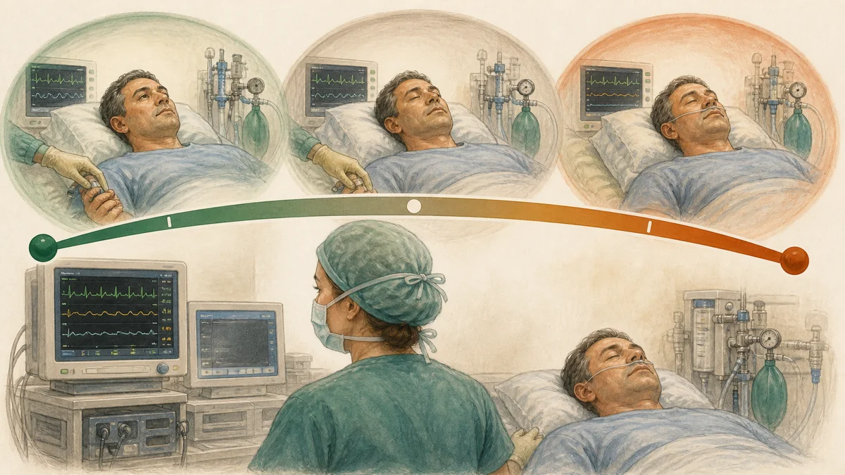 Editorial diagram showing the sedation depth spectrum from minimal to general anesthesia with MAC spanning several levels