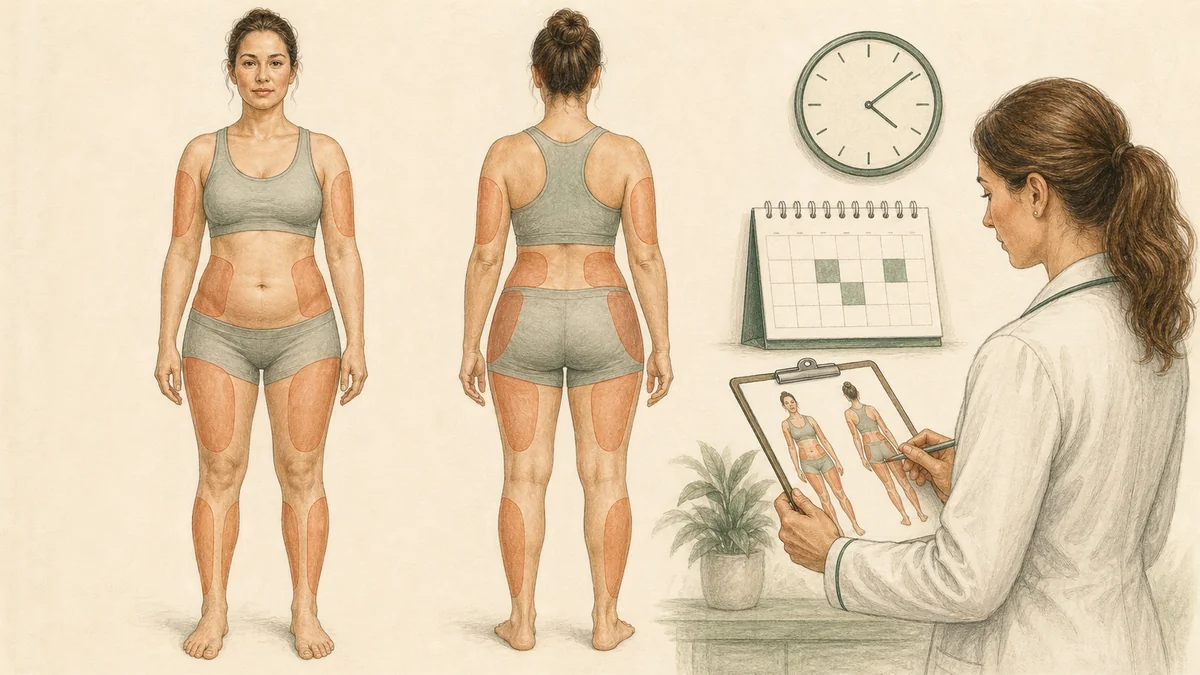 Editorial diagram showing general body regions commonly treated with the awake tumescent liposuction technique