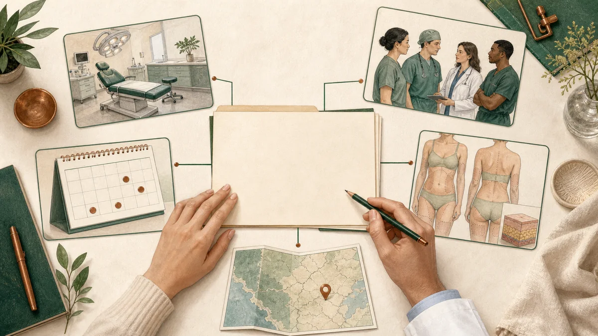 Illustrated awake liposuction cost factors including facility, clinical team, treatment area, staged sessions, and geography