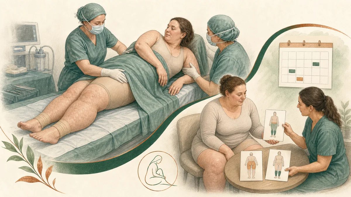 Editorial diagram showing a patient repositioning during a staged, awake lipedema liposuction session