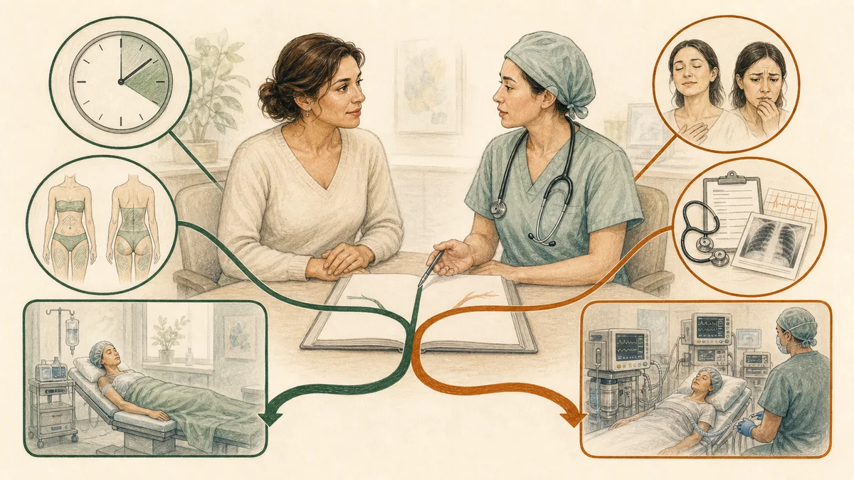 Illustrated awake liposuction decision showing procedure extent, anxiety, medical factors, and anesthesia options