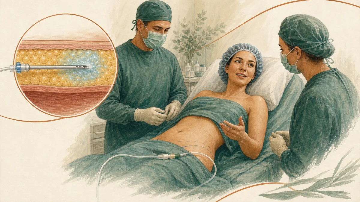 Illustrated awake liposuction under tumescent local anesthesia, with a conscious patient communicating with the clinical team