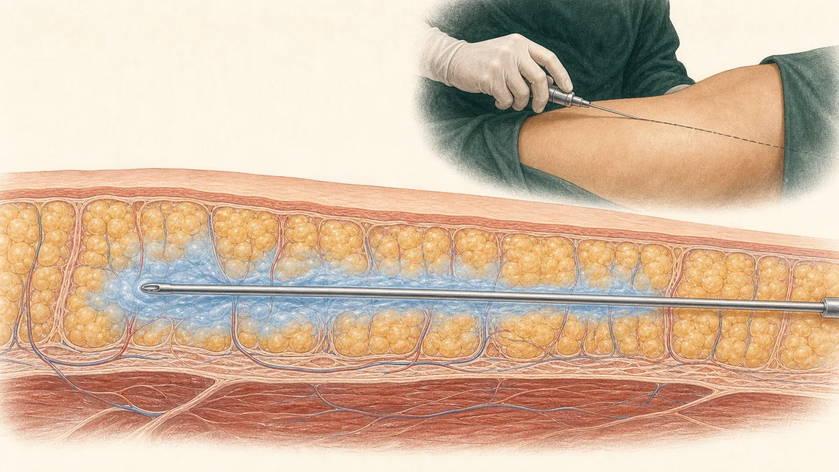 Editorial diagram showing dilute tumescent anesthetic solution being infused into fat tissue before liposuction