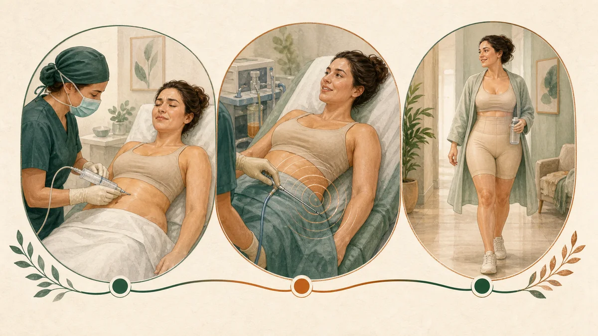 Illustrated awake liposuction timeline showing numbing, pressure and vibration during treatment, and early recovery