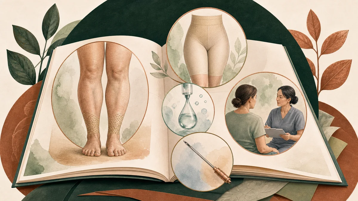 Illustrated medical guide library connecting lipedema recognition, conservative care, awake liposuction, and clinician evaluation