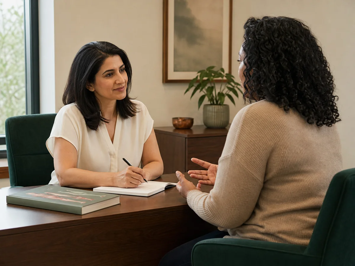 A clinician listening to a woman during a calm medical consultation