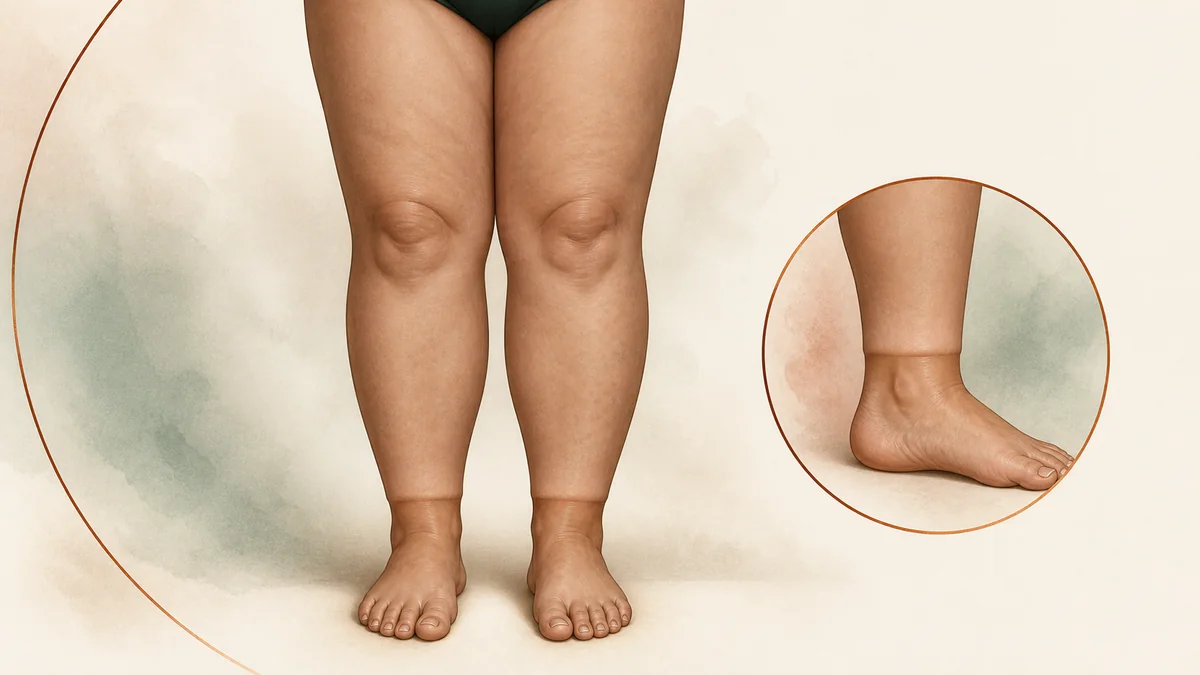 Realistic medical illustration of the lipedema ankle cuff sign, with symmetrical lower-leg tissue stopping abruptly above feet that remain comparatively spared