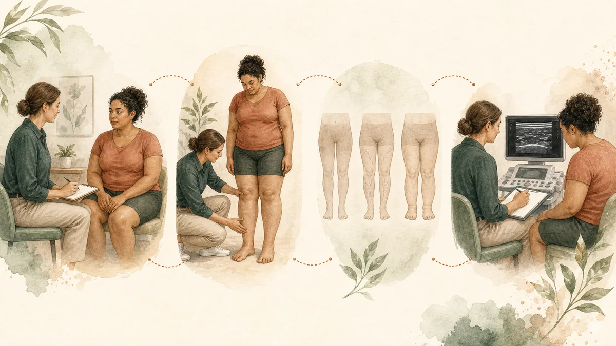 Medical editorial illustration showing a lipedema evaluation progressing from symptom history to physical examination, comparison with other possible causes, and optional supporting imaging