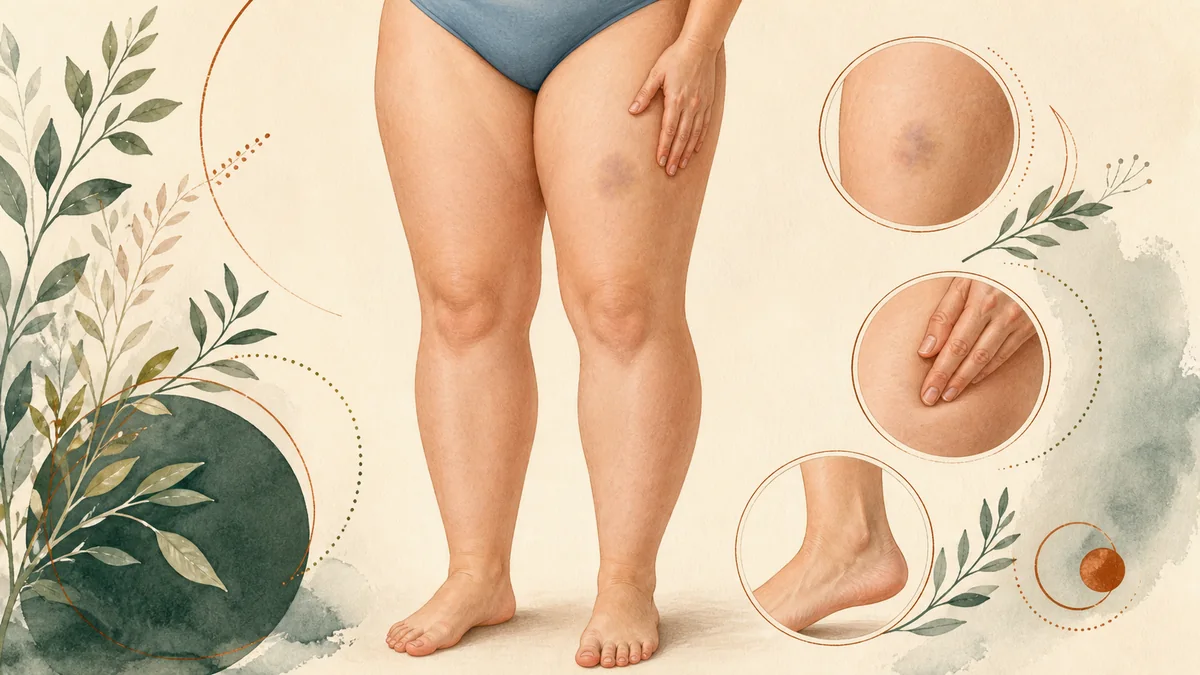 Editorial illustration highlighting early-stage lipedema signs on the legs, including mild disproportion and an emerging ankle cuff