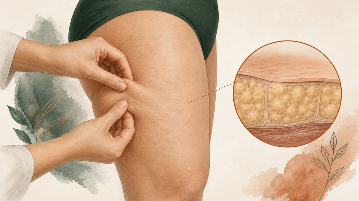 Medical illustration of hands gently pinching thigh skin beside a magnified view of subcutaneous fat lobules