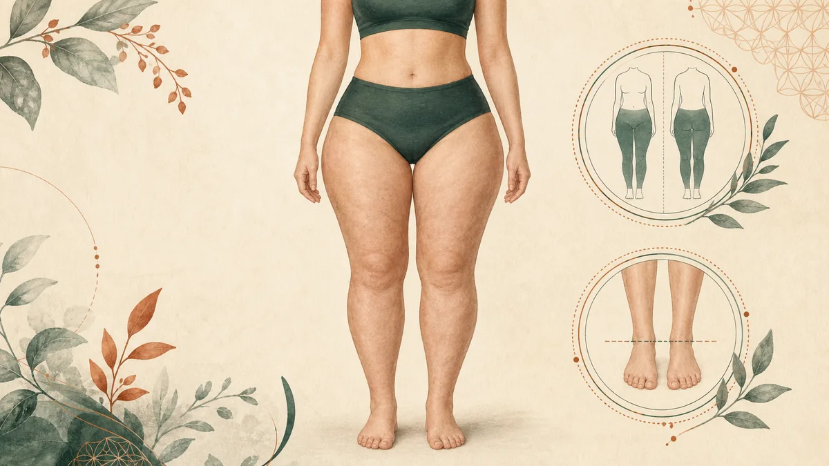 Editorial illustration showing disproportionate leg fat distribution in an otherwise slim body silhouette, with an ankle cuff sign highlighted
