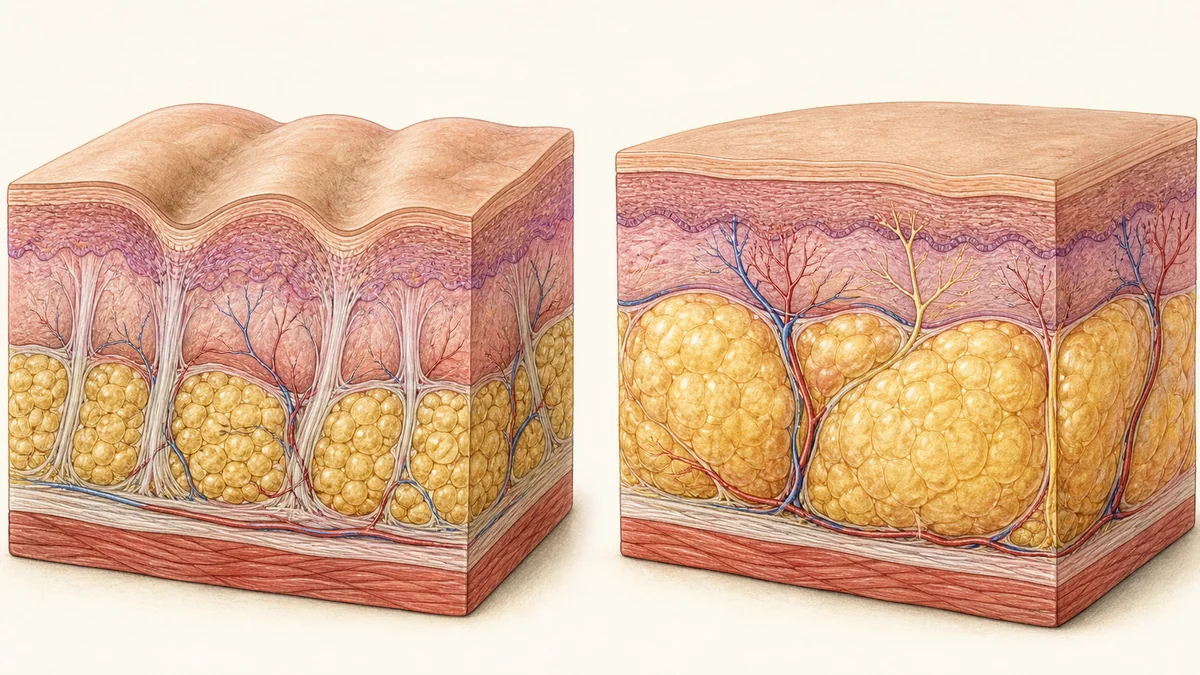 Cross-section diagram comparing cellulite connective tissue bands causing surface dimpling with lipedema deeper nodular fat deposits