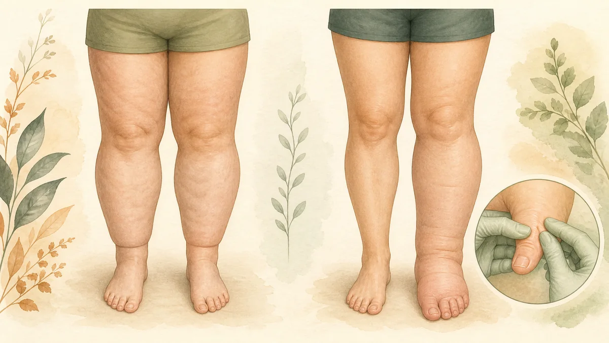 Medical editorial illustration contrasting symmetrical lower-leg enlargement with spared feet and one-sided swelling that extends onto the foot, with a clinician assessing a toe skin fold