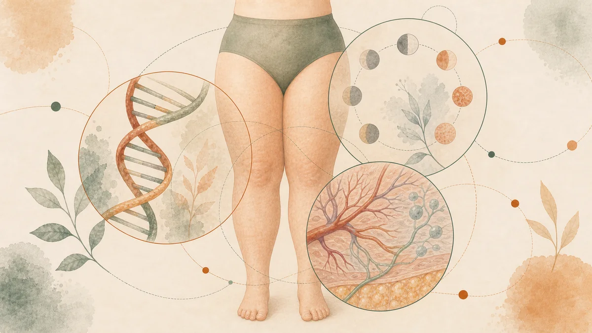 Editorial illustration representing genetic, hormonal, and vascular factors researchers link to lipedema causes