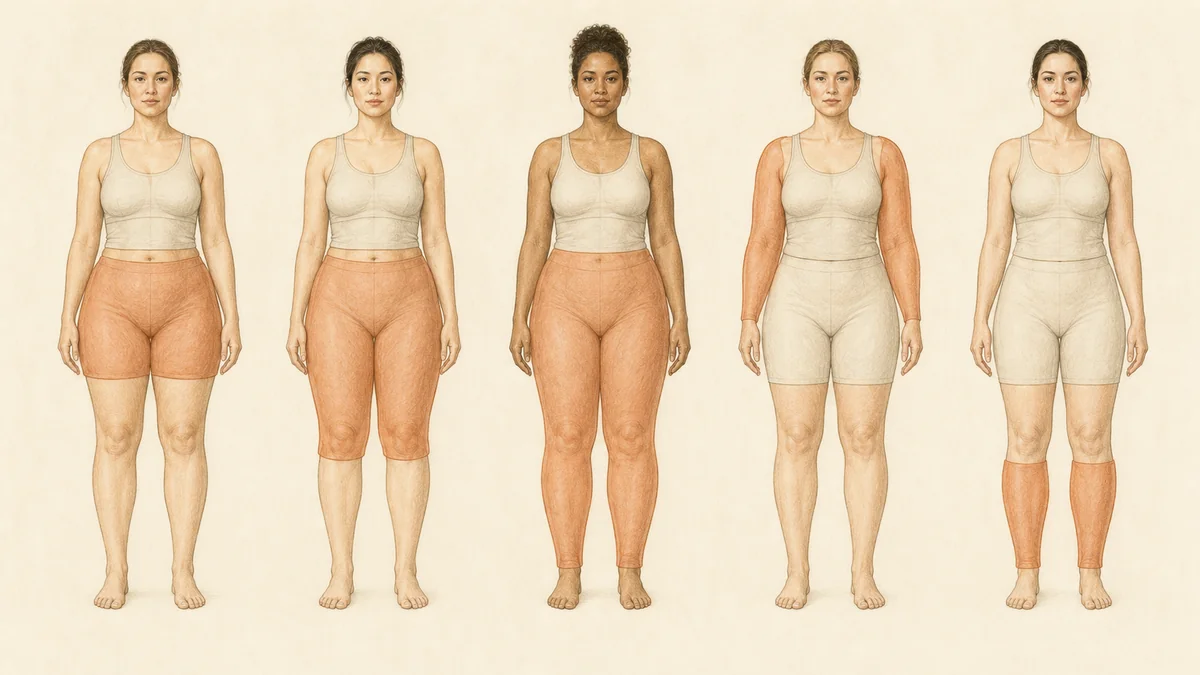 Editorial diagram comparing lipedema distribution types across hips, thighs, knees, lower legs, and arms