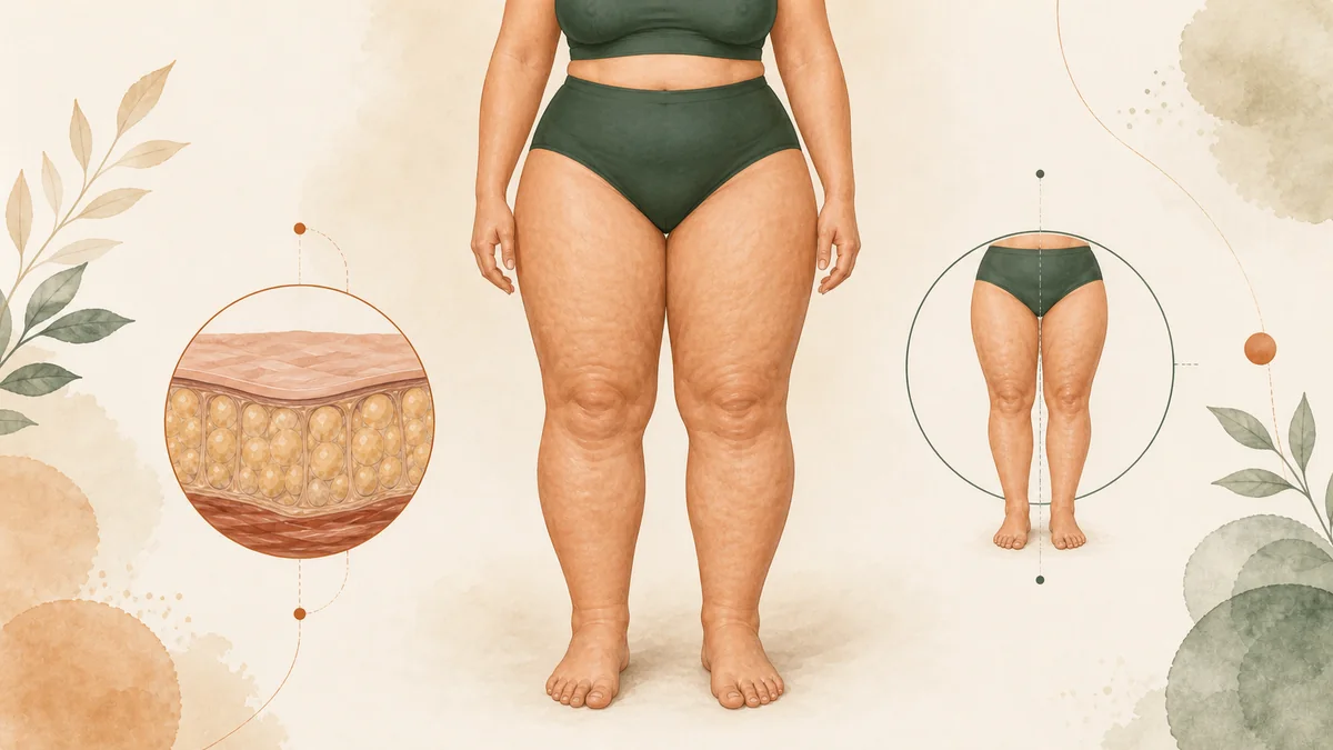 Editorial illustration explaining what lipedema is, showing symmetrical leg swelling with the ankle cuff sign