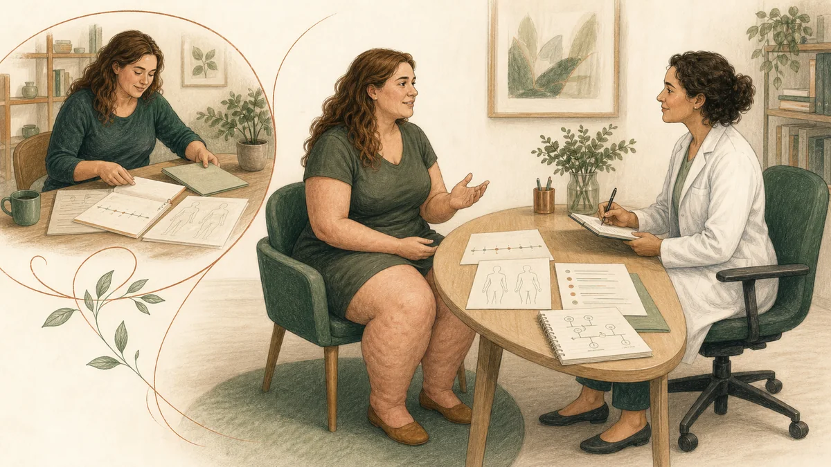 Editorial illustration representing a patient preparing to advocate for herself at a medical appointment about lipedema