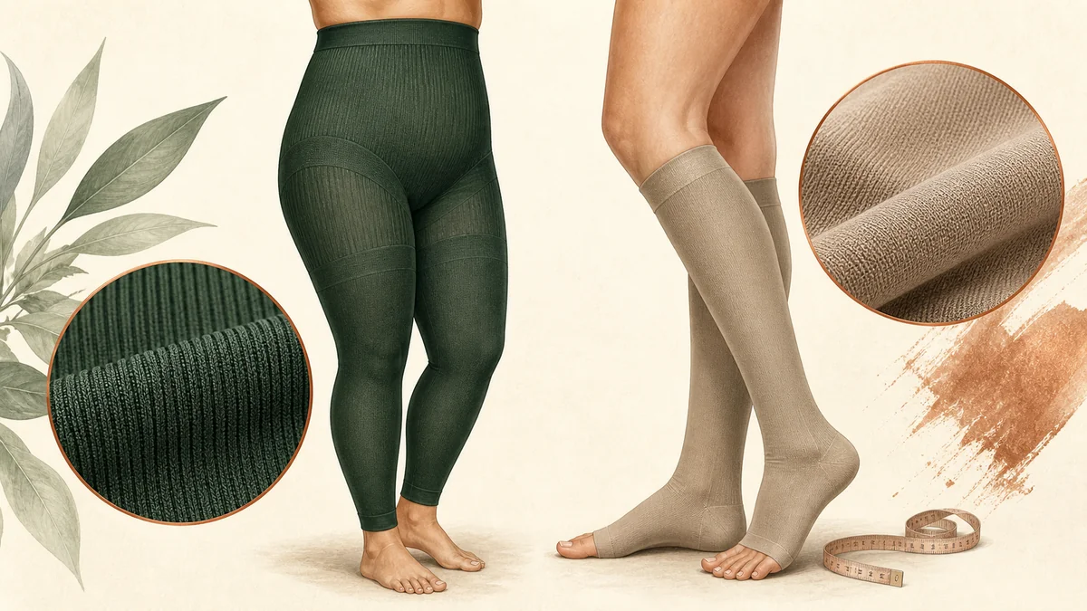 Editorial illustration comparing flat-knit and circular-knit compression garments and their different fabric structures