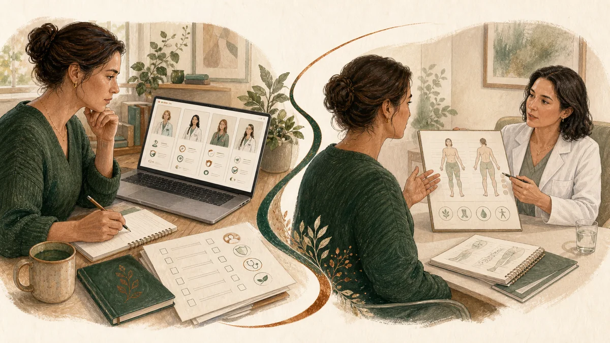 Editorial illustration representing a patient researching and vetting a knowledgeable lipedema clinician