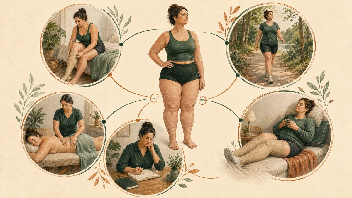 Overview illustration representing daily lipedema management: compression, movement, and support