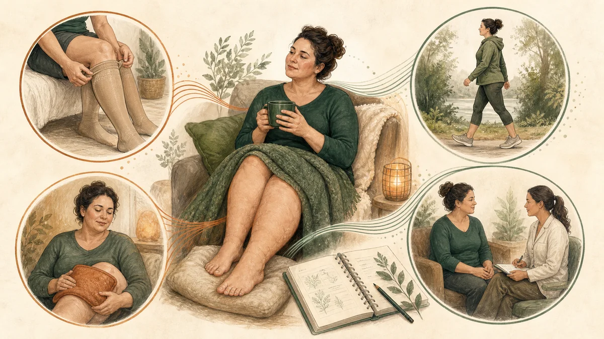 Editorial illustration representing daily lipedema pain management strategies