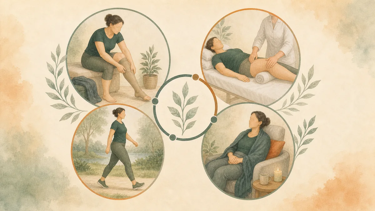 Editorial illustration of compression garments and manual lymphatic drainage used in conservative lipedema care