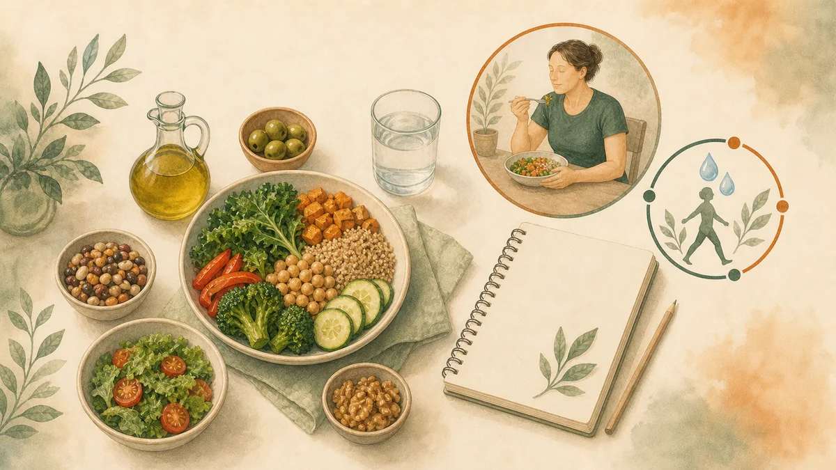 Editorial illustration representing evidence-based discussion of nutrition approaches for lipedema