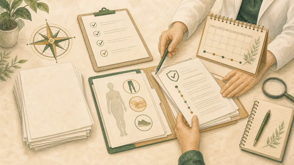 Editorial illustration of insurance documents and a checklist related to lipedema surgery coverage