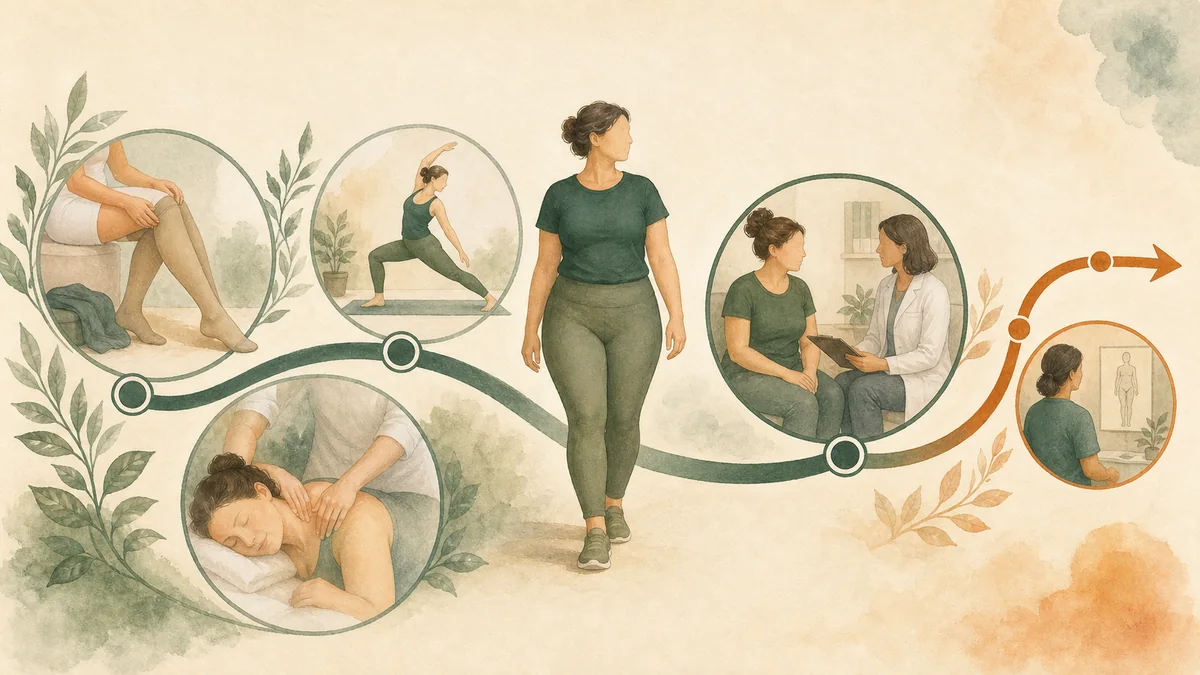 Editorial diagram showing the lipedema treatment pathway from conservative care through to surgical options