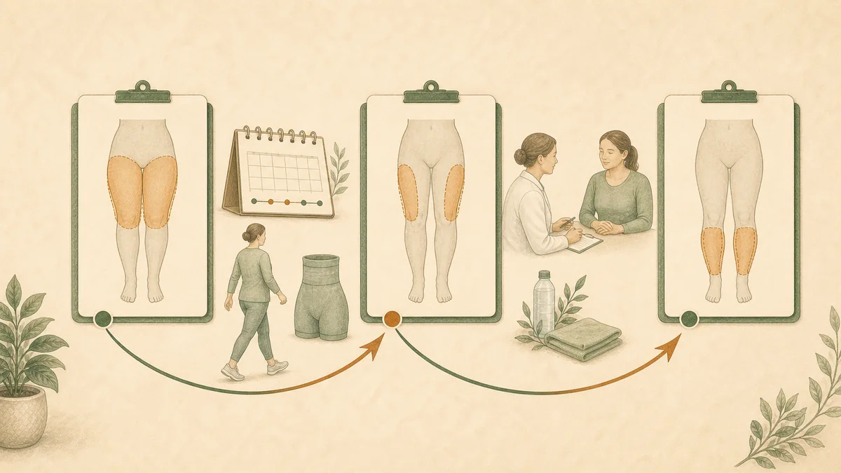 Editorial illustration of a multi-session lipedema liposuction timeline showing spacing between treatment areas