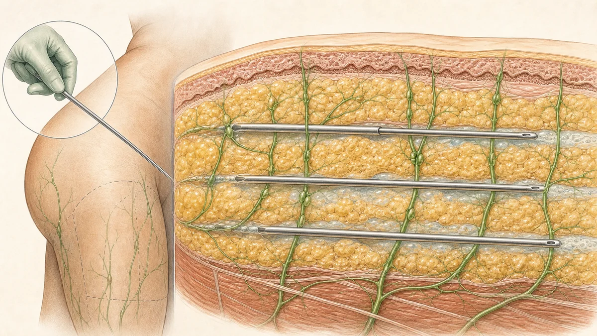 Editorial diagram of lymph-sparing tumescent liposuction technique used in lipedema surgery